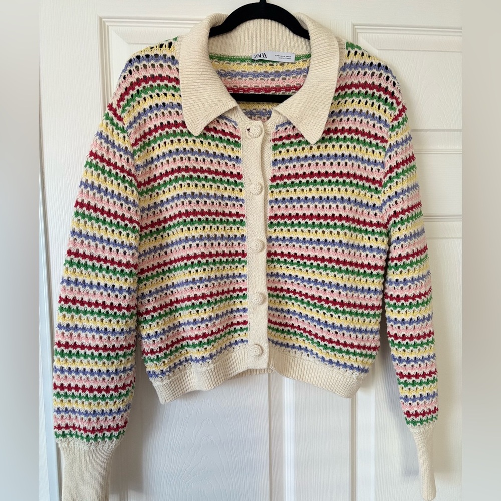 Zara Lapel Collar Button Front Rainbow Striped Crochet Knit Cardigan Size Medium